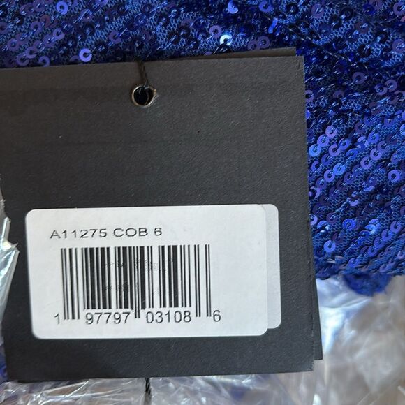 Mac Duggal A11275 Blue Sequined Draped Faux Wrap Asymmetrical Hem Gown - Picture 5 of 5